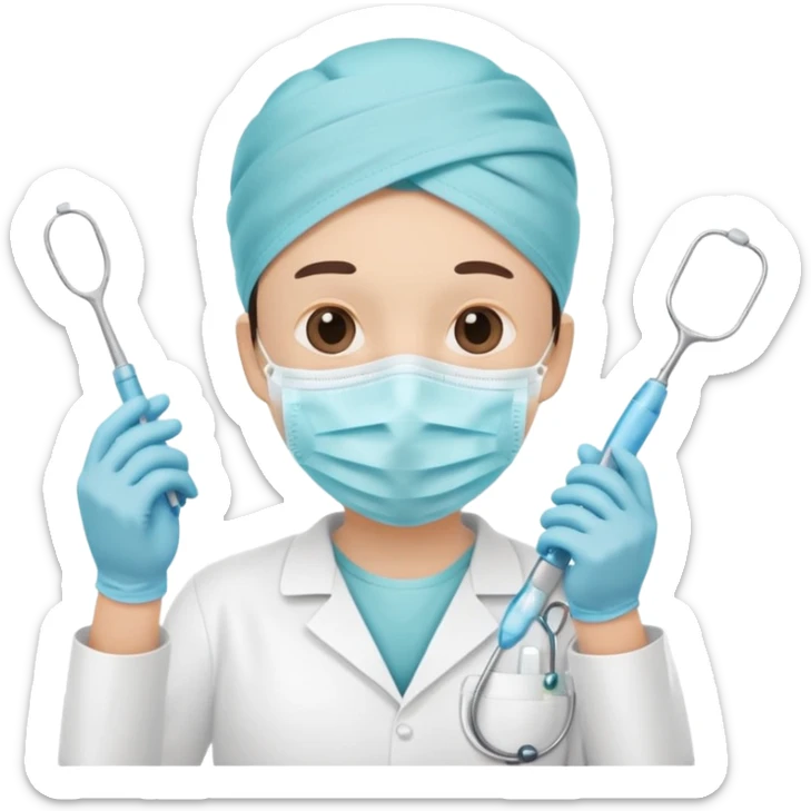Tooth character wearing a medical face mask, holding dental equipment, clean flat illustration, simple emoji design, suitable for Canva.” sticker