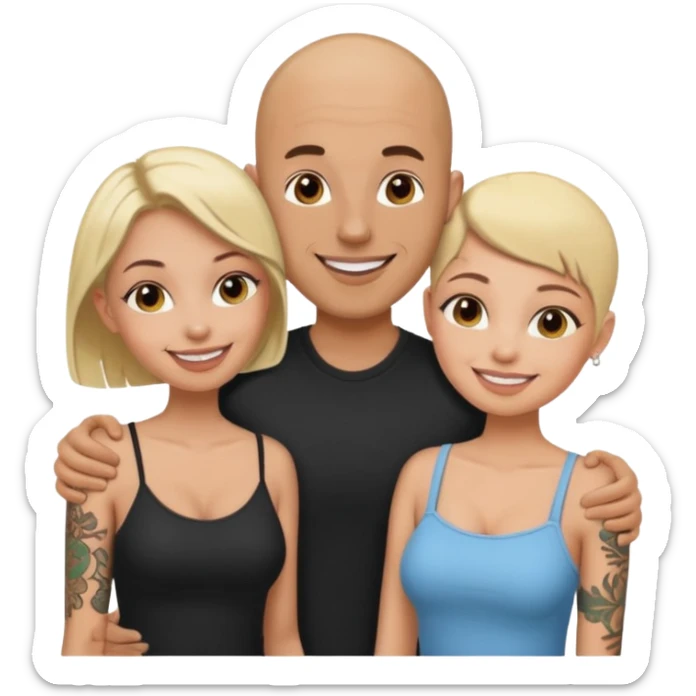 throuple tatted bald boyfriend with blonde girl friend and brunette girlfriend sticker