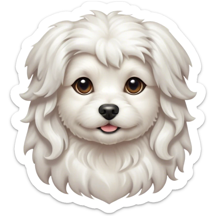 Cinematic Noble Wavy-Haired Maltese dog Portrait Emoji, Poised and regal, with a delicate, compact build and a pristine, wavy-haired white coat that cascades in gentle curls, deep-set soulful dark eyes, Simplified yet sharp and sophisticated features, highly detailed, glowing with a soft, dignified glow, high shine, intelligent and gentle, stylized with an air of refinement, focused and attentive, soft glowing outline, capturing the essence of a watchful and graceful companion, so majestic it feels as though it could prance out of the screen with effortless authority! sticker