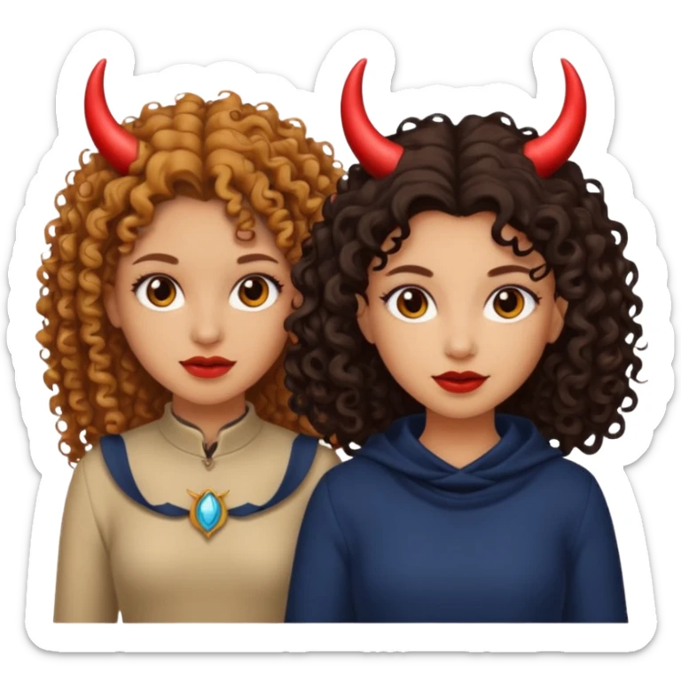 Pretty tan skinned, curly hair girl with light skin, long, dark haired girl with not devil horns sticker