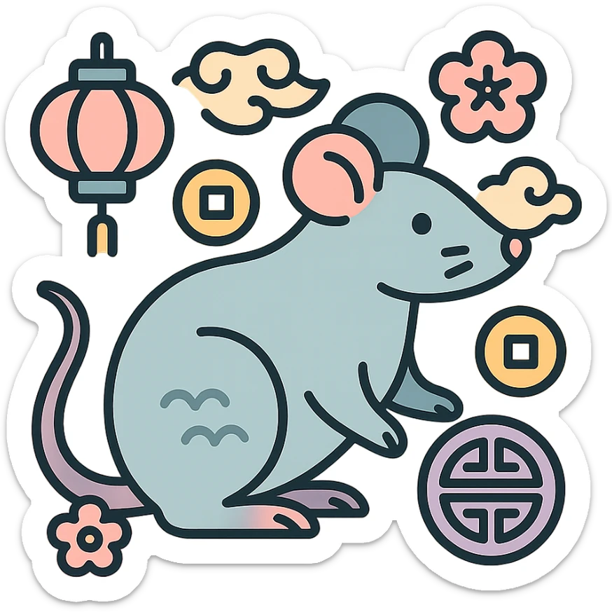 rat symbol of the year in feng shui, Chinese style, thin clean contours, soft rounded shapes, pastel palette #98B5BC, #B5B3C1, #C9A3C9, #E4C0CA, #F7DCD1, #F7C0AA, modern Japanese pop art and sticker aesthetic, detailed shadows and highlights, soft lighting, transparent background, with Chinese decor such as coins, lanterns, clouds, patterns sticker