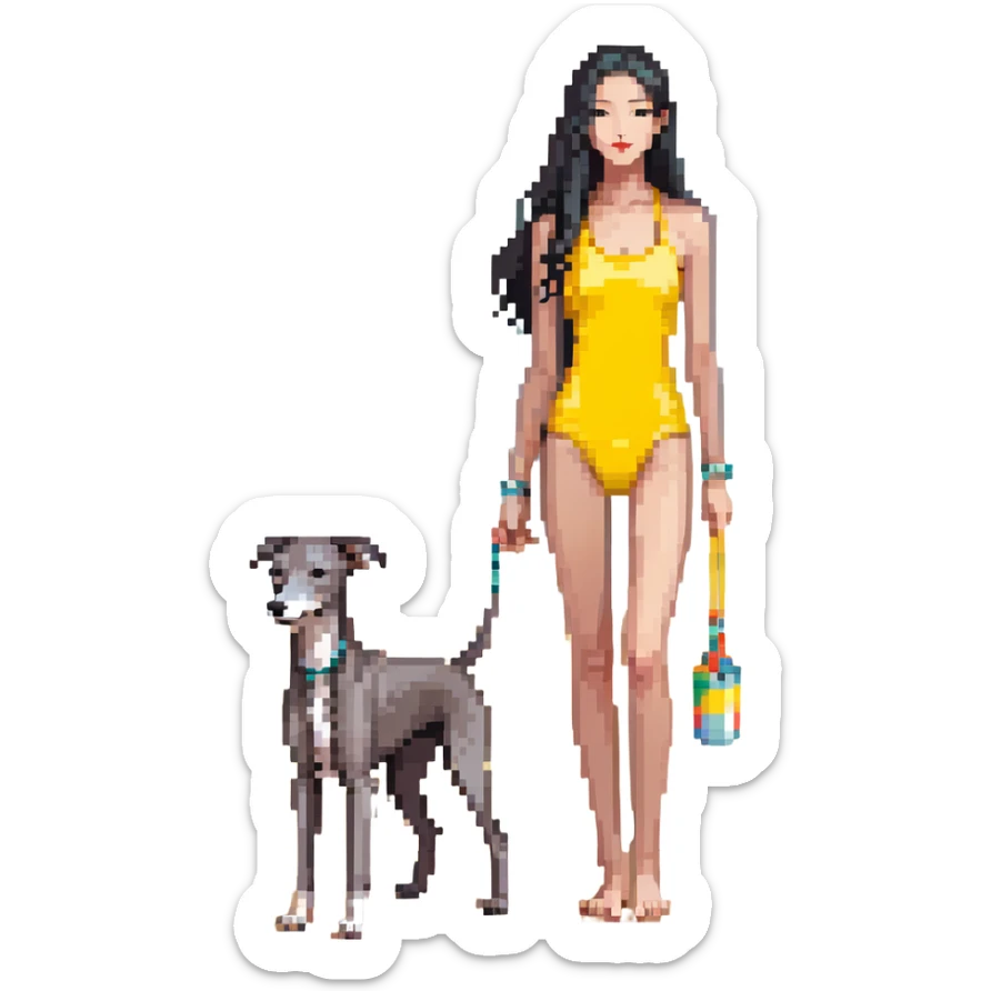 Slim Chinese woman with long black hair in appropriate beach attire at the beach with her completely solid grey Italian greyhound, ocean and sand visible, the dog has absolutely no white markings anywhere sticker