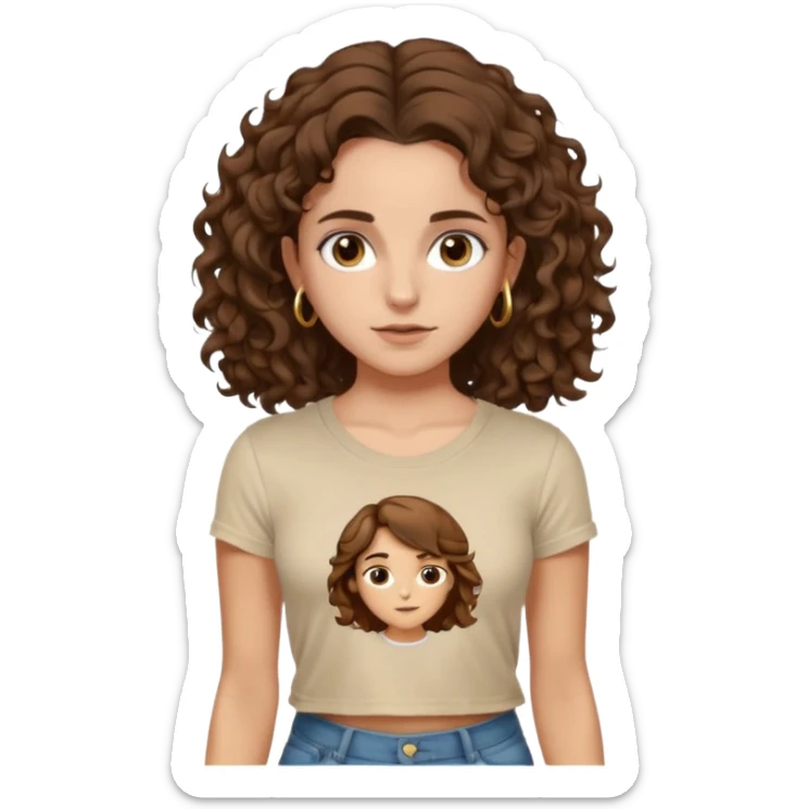 full body, very beautiful italian girl, dark brown eyes, looking like Emma Watson, with curly and big volume very bright brown hair, and a golden piercing ring in nose on left side, pulling up

 sticker