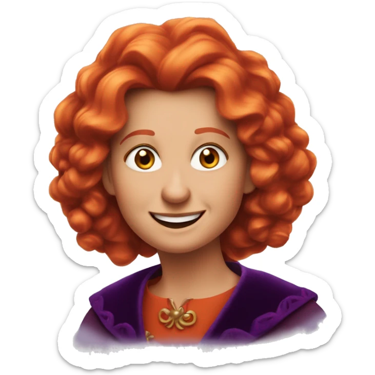 “Apple emoji of Winifred Sanderson: round face, crooked smile with a single front tooth, fiery heart-shaped red-orange hair, thick arched eyebrows, and a hint of a dark purple cloak.” sticker