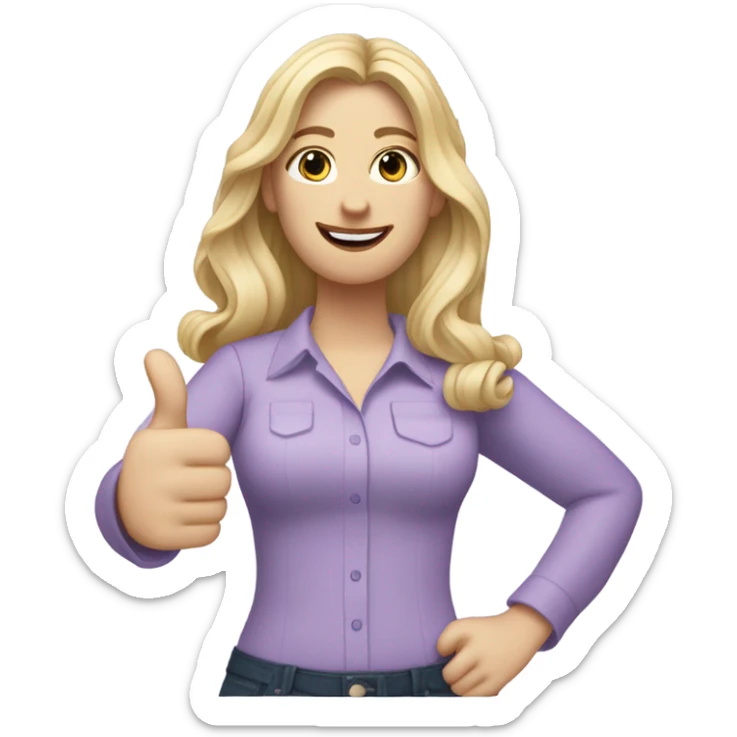 Woman, white skin, pale skin, long hair, blonde hair, wavy hair, lavender blouse, two thumbs up sticker