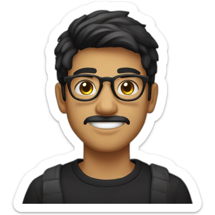 a light skin Pakistani teenager, wearing round glasses, short moustache, black straight hair, black jumper/sweater, structured manly face sticker