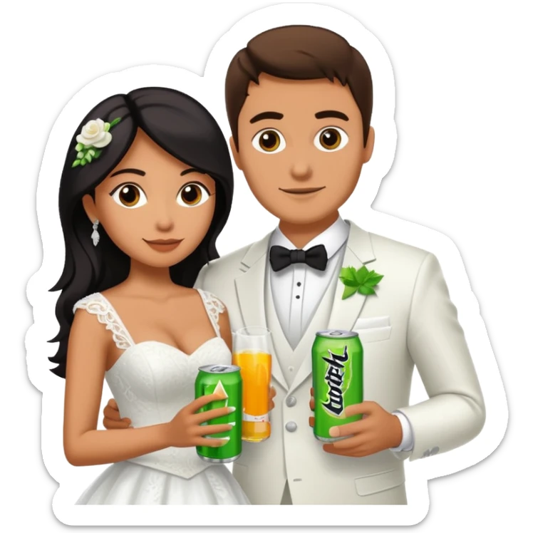 mexican wife in white wedding dress and white husband in wedding suit holding monster energy drink sticker