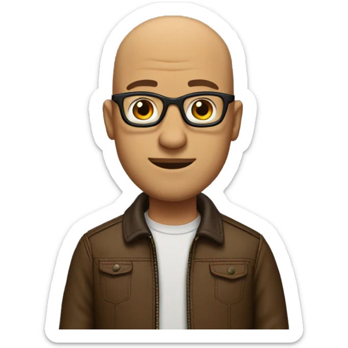 bald man with glasses and hair only on his sides of thehad with a brown leathr jacket sticker