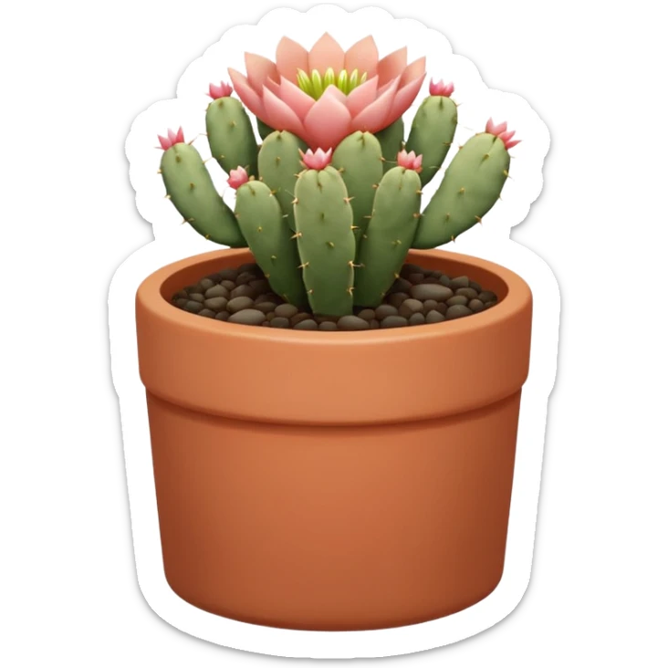 A ceramic pot in a pastel terracotta color, shaped like a cylinder, the pot is tall and contains an Acanthocalycium Glaucum cactus plant. sticker