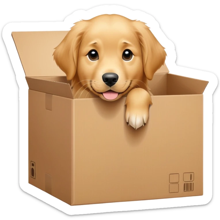  A very cute young Golden Retriever  with one's head tilted to one side poked its paws out of the cardboard big box and placed them on top of it sticker