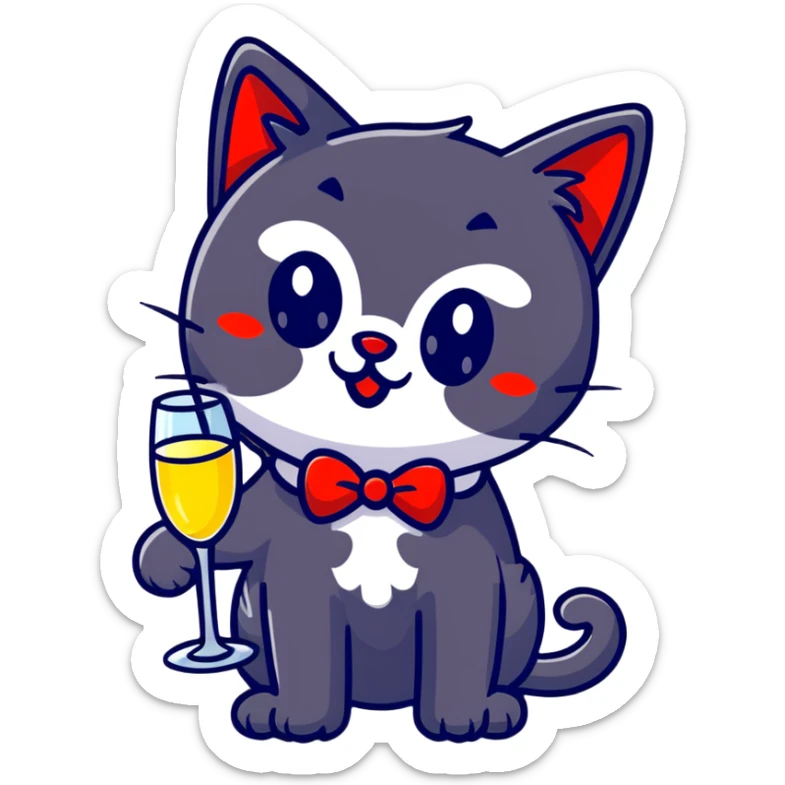 black cat with a red clown nose and a glass of champagne in its paw, playful and festive sticker