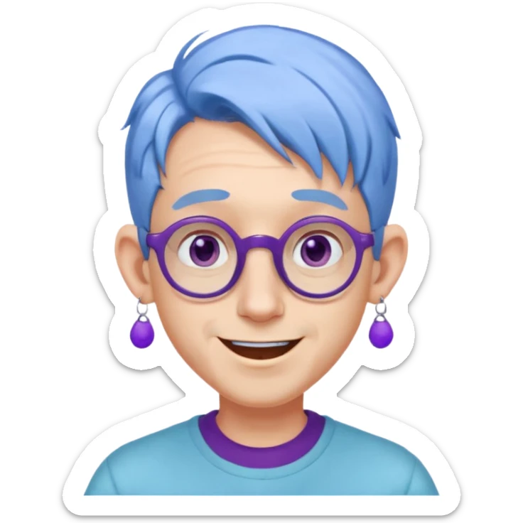 light blue haired man mid length hair with big ears and purple earrings and spectaclesi happy sticker