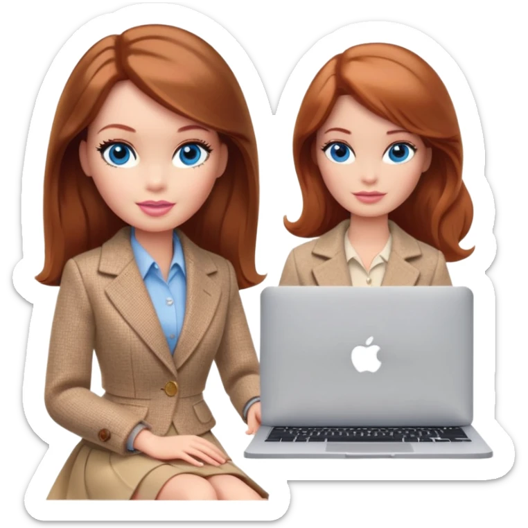A Barbie girl with blue eyes, shoulder-length reddish-brown hair, made-up, wearing a beige tweed jacket and beige skirt, is sitting a with a MacBook sticker
