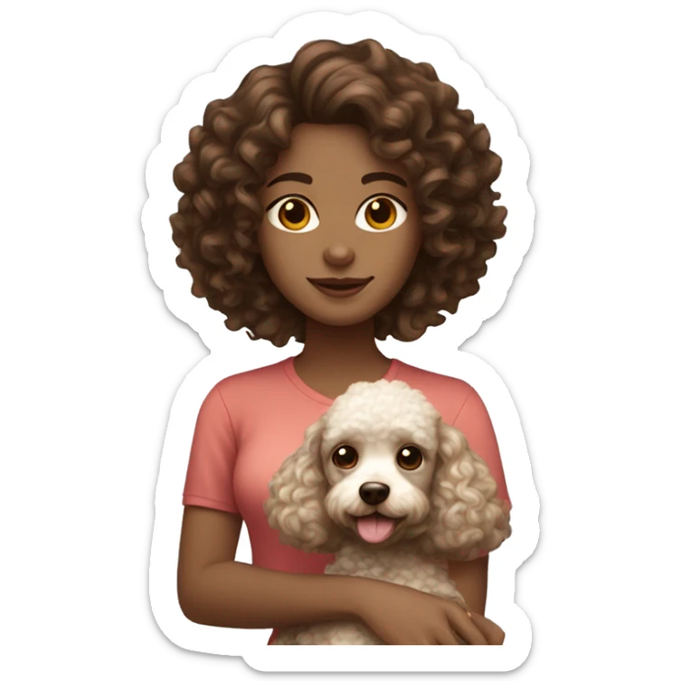 Girl with wavy curly brown hair pale to brown skin and brown eyes holding a small poodle sticker