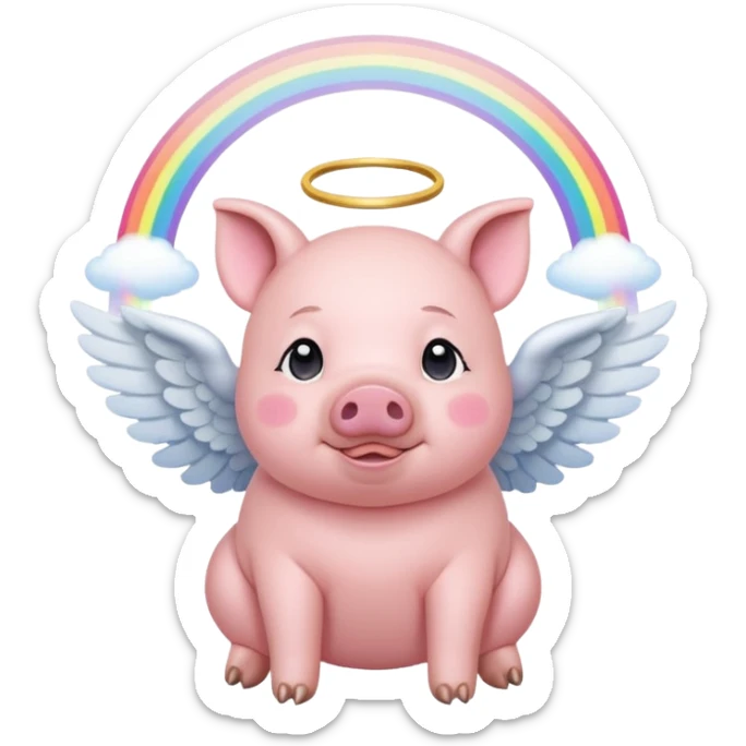 pig with angel wings, halo, and a gentle expression, pausing in the middle of a rainbow bridge sticker