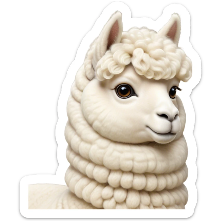 Cinematic Noble Cream Alpaca Portrait Emoji, Poised and regal, with a graceful, sturdy build and a luxuriously soft, well-groomed cream fleece, deep-set soulful gentle eyes, Simplified yet sharp and sophisticated features, highly detailed, glowing with a soft, dignified glow, high shine, intelligent and serene, stylized with an air of pastoral elegance, focused and attentive, soft glowing outline, capturing the essence of a watchful and confident companion, so majestic it feels as though it could stride out of the screen with effortless authority! sticker