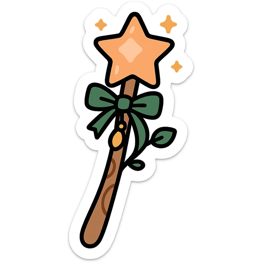 A cute and magical wand with an elegant, whimsical design, incorporating a color palette of golden orange (FA9B41), forest green (4A7C5C), soft taupe brown (96775A), and pastel peach (FFCC9A). The wand is slender and slightly curved, made of smooth wood with delicate carvings. At the top, there's a glowing gem or star in peachy tones, surrounded by tiny sparkles. Decorative elements like a ribbon, tiny leaves, or a small charm add a cozy, storybook-like charm. The overall look is gentle, enchanting, and magical, perfect for a forest fairy or a kindhearted young wizard sticker