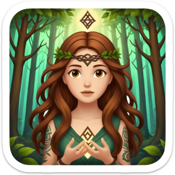 idea moment forest woman long wavy brown hair tattoos glowing rune above head sticker