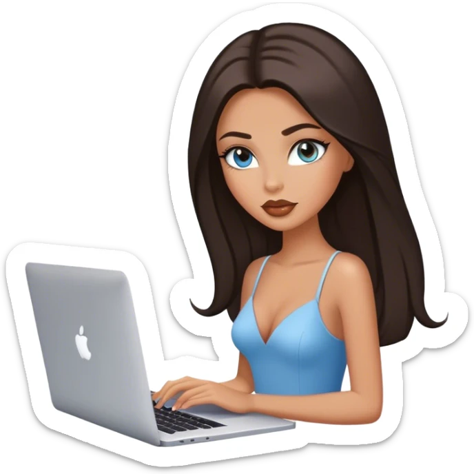 Glamours tanned very beautiful girl with pump peach beige lips and dark chocolate straight smooth long hair, blue-grey eyes with MacBook sticker