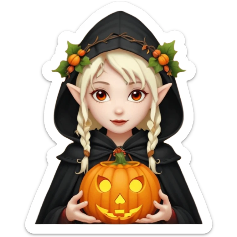 female elf vampire emoji, pale skin, red eyes, elegant face, autumn leaf and pumpkin wreath on head, black hooded cloak with cobweb details, holding small glowing pumpkin lantern, Halloween fantasy theme, Apple emoji style, clean white background, square sticker