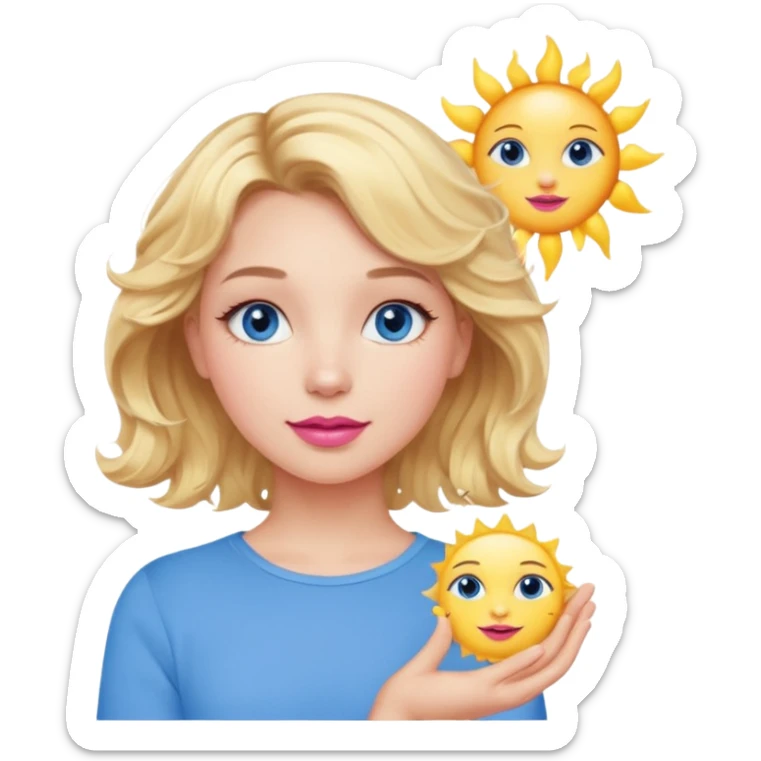 Girl Blonde short wavy hair,  blue eyes, cute blue top, long lashes, pink lips, holding the sun   sticker