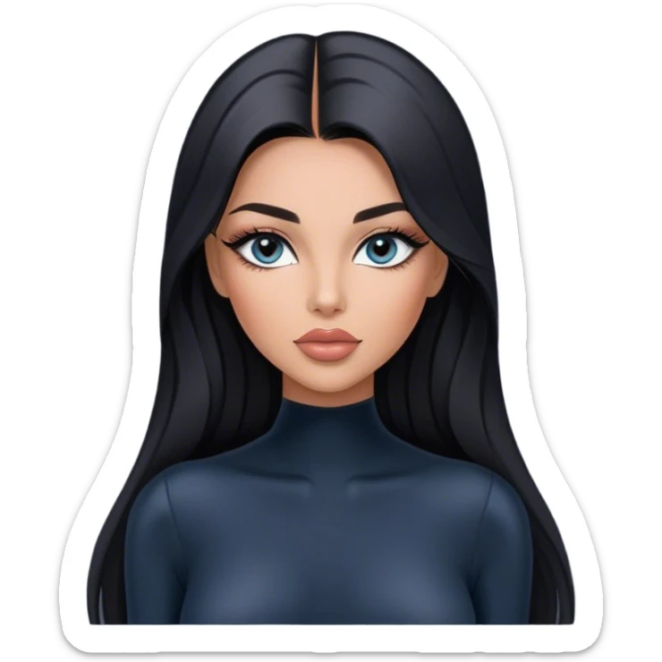 Glamours, tanned, very beautiful girl, with big pump peach-beige-rose lips, long long lashes, black straight smooth silky long hair, straight parting hair, blue-grey eyes in black long-sleeves bodysuit sticker