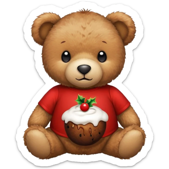A teddy bear wearing a red t-shirt with a Christmas pudding on the t shirt  sticker