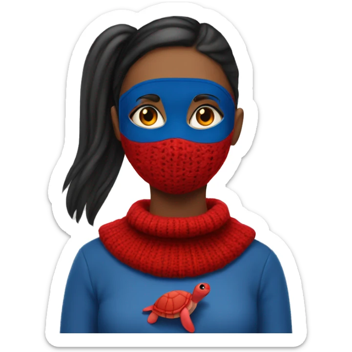 girl with blue eyes, a red mask around eyes, dark blue pigtails, and a red turtle neck sweater sticker