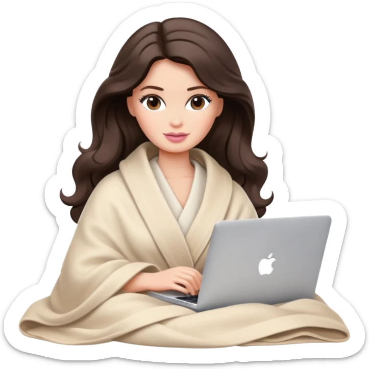Barbie girl with a long wavy dark brown hair in pale beige clothes inside a pale beige blanket working macbook  sticker