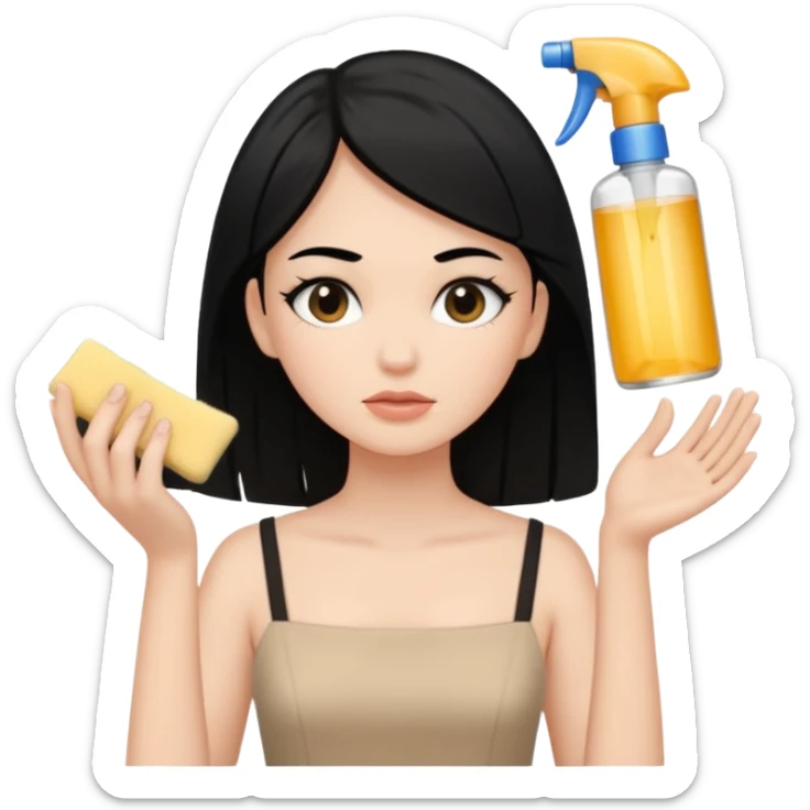 White girl with black hair in beige dress getting a face cleaning  sticker