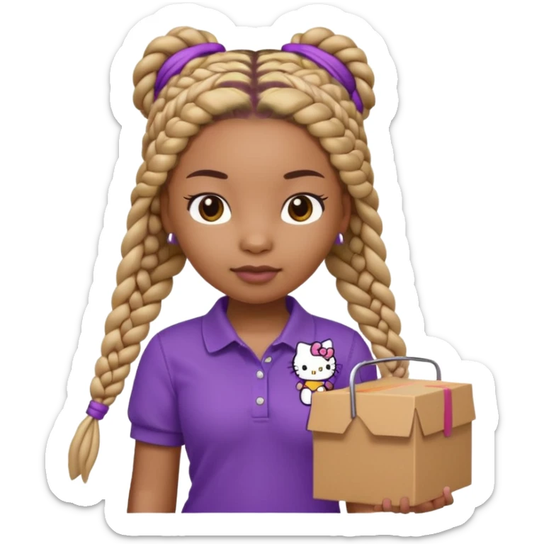 hello kitty wearing purple polo shirt and kyaki pants with long box braids baddie sticker