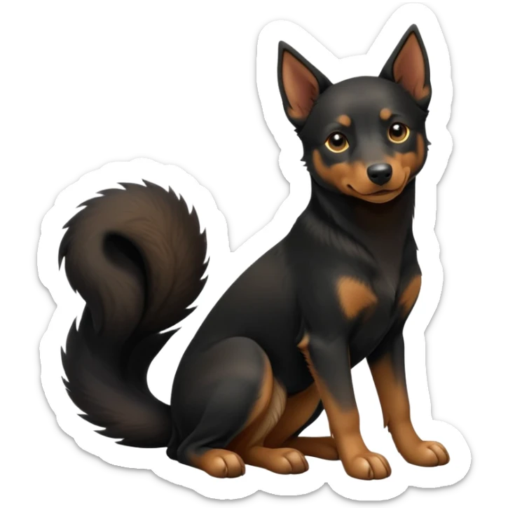 cinematic-[australian kelpie]-detailed realistic-full-body-sitting-emoji,-tail-resting-loosely-beside-its-paws,-head-tilted-dramatically, -sleek-[Black and tan]-fur,-simplified-yet-realistic-focused-features,-highly-detailed,-glowing-with-an-almost-sarcastic-glow sticker