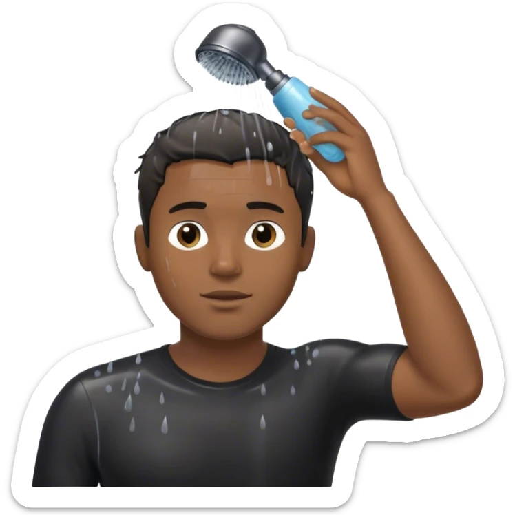 Black guy with black shirt in the shower, showing the showerhead and washing his hair with shampoo, short hair sticker