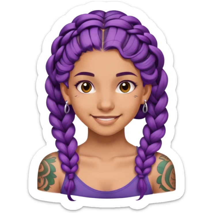 Con gái, 15 tuổi, cười mỉm, da nâu, tóc tím tết tóc cuốn lọn trên đầu, xăm trên mặt sticker