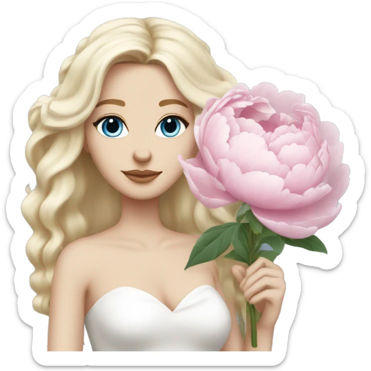 White bride with long light blonde hair and blue eyes with light pink peonies in hair white skin  sticker