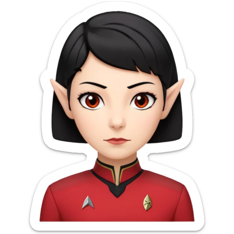 female Vulcan with short black hair and small pointy ears in Starfleet red uniform (Star Trek) no green face sticker