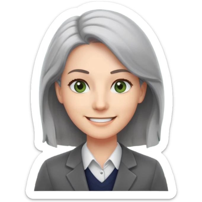 smiling English teacher with airtouch hair and grey-green eyes standing in front of a classroom with chalkboard sticker