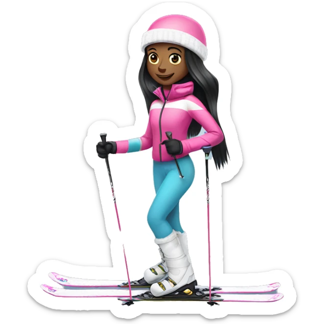 African Skier girl with long black straight hair and pink gear show skis and legs  sticker
