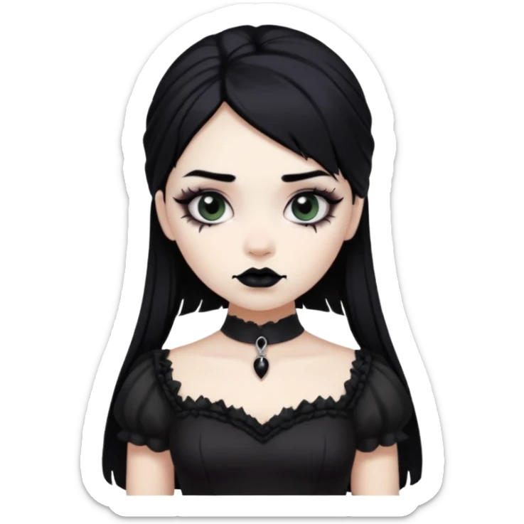 a girl with white skin and black lipstick and goth dress and black hair sticker