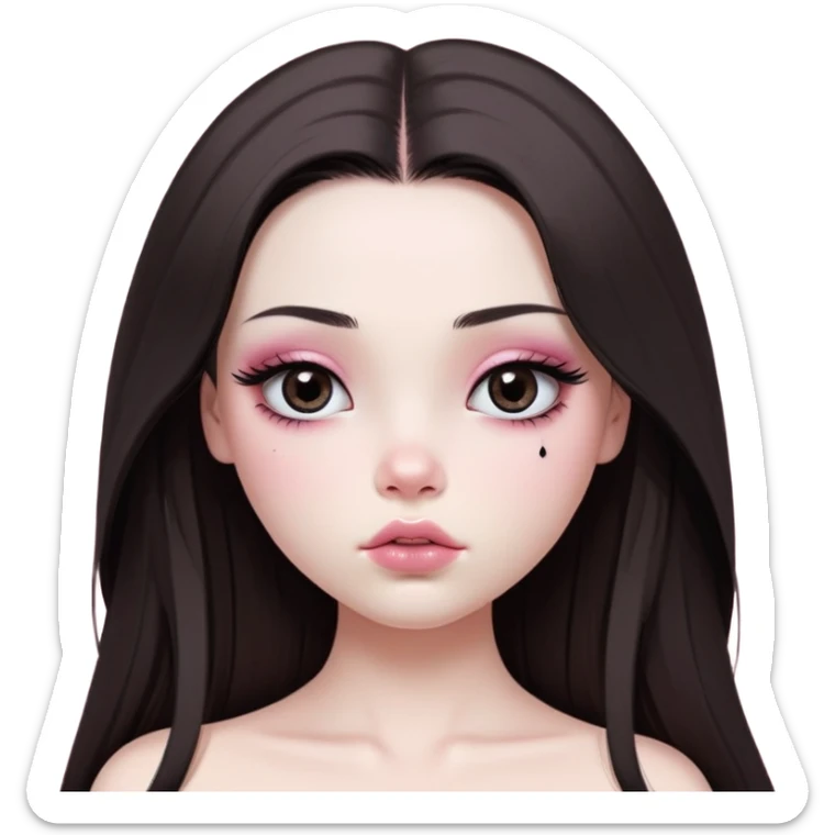 girl with white skin, dark brown long realistic straight hair with middle part prominently falling in front of her body over her shoulders, very big pouty extra shiny lips with absolutely no cupid's bow, big round eyes with very black shiny eyeballs and huge eyelashes, no eyeshadow, pink blush on cheeks, lighter button nose, extremely long oval-shaped face, wearing a pink off-shoulder top, looking directly at camera with hands down at sides sticker