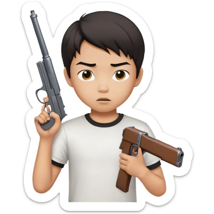 a young asian boy with middle part hair, white graphic tee, holding a gun with an expressionalic face sticker