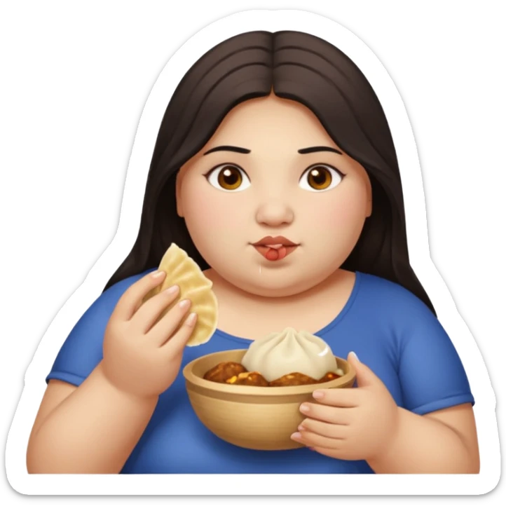 Can you create an emoji of a half Indian - half white 23 year old girl with dark brown mid length hair and brown eyes who is super obese and eating a dumpling sticker