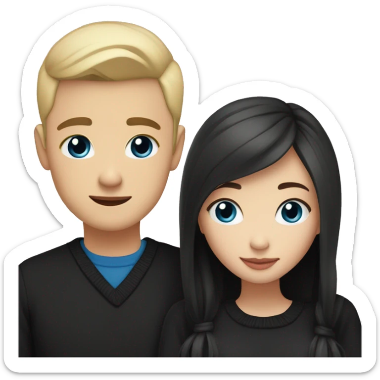 Blonde girl with blue eyes in black sweater and an east asian with light skin man with black hair and black eyes hugging sticker
