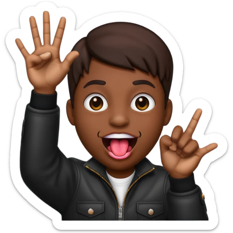 Black emoji sticking out tongue and holding up rockstar hands sticker