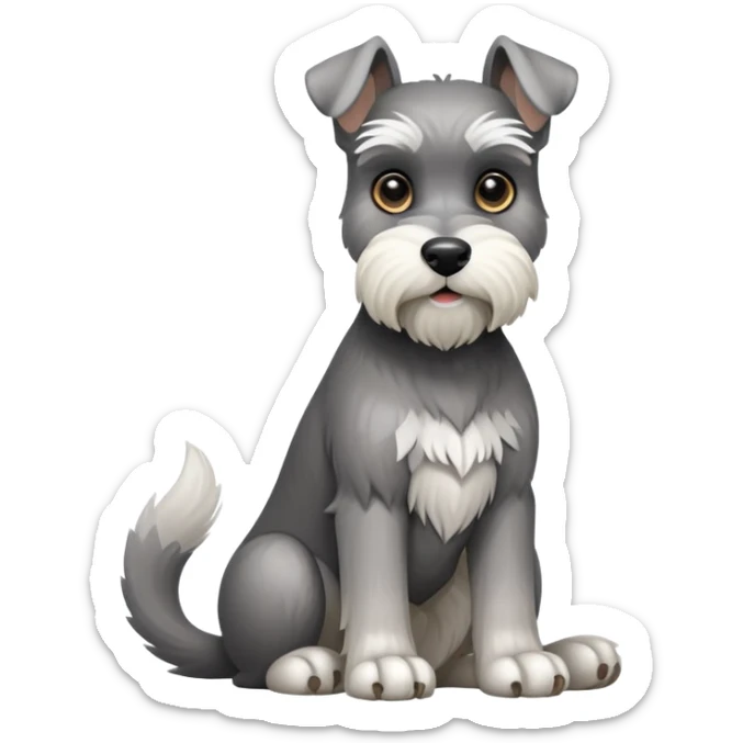 cinematic-[schnauzer]-realistic-full-body-sitting-emoji,-tail-resting-loosely-beside-its-paws,white eyes-head-tilted-dramatically, -sleek-[grey]-fur,-simplified-yet-realistic-focused-features,-highly-detailed,-glowing-with-an-almost-sarcastic-glow sticker