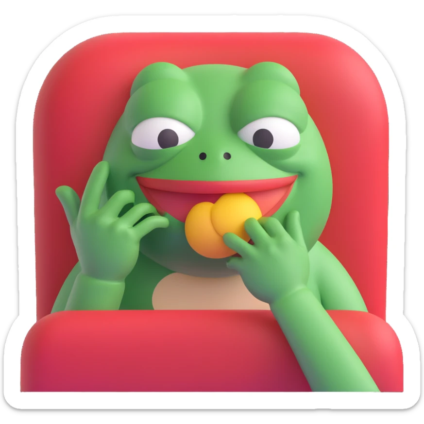 Pepe the Frog in a 3D emoji style, one hand over mouth, cheeks puffed, trying not to laugh, with a speech bubble 'bus garso'. Playful style similar to reference, no hat, cigar, drink, or bottle. Variant 3. sticker