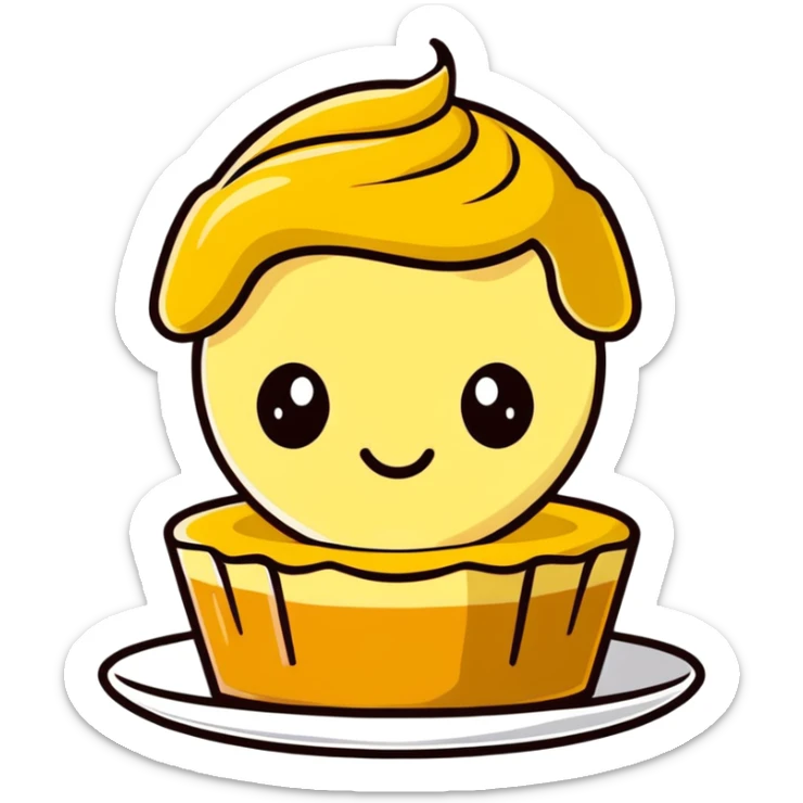 sticker emoji of a custard flan dessert, top shaped like François Fillon's head and hairstyle, friendly expression sticker