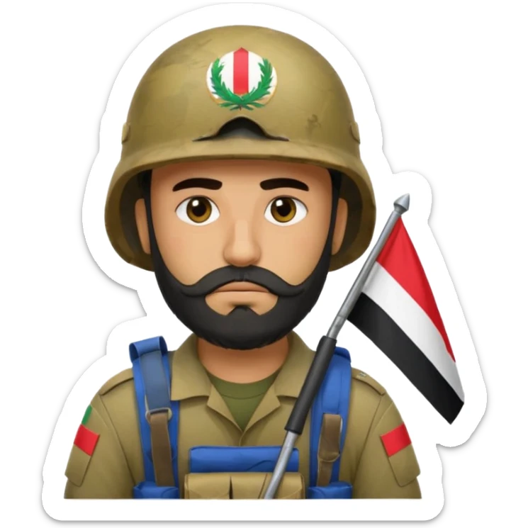 A very tired and sad, swarthy Iraqi soldier with a beard, an Iraqi flag on his helmet, a sad expression and bags under his eyes sticker