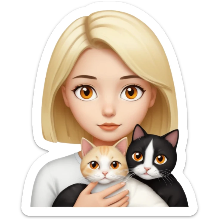 blonde girl with bob hair with brown eyes holding a black and white cat with orange eyes sticker