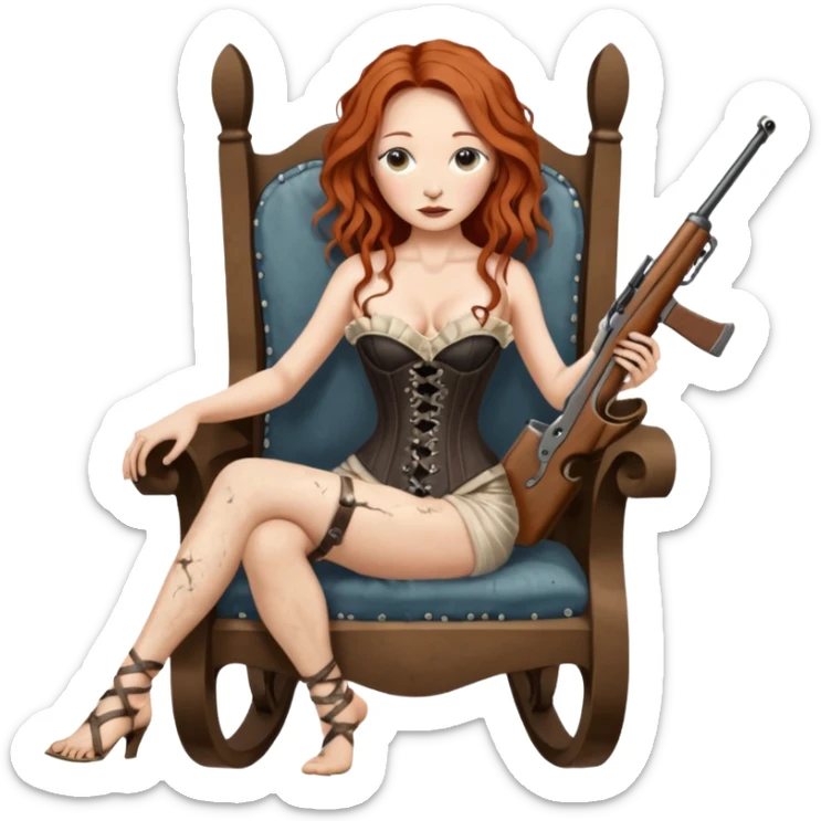 realistic cinematic Tori Amos sits on a rocking chair in a torn corset, holding an antique rifle and her bare feet are muddy. A white snake is wrapped around the chair. sticker